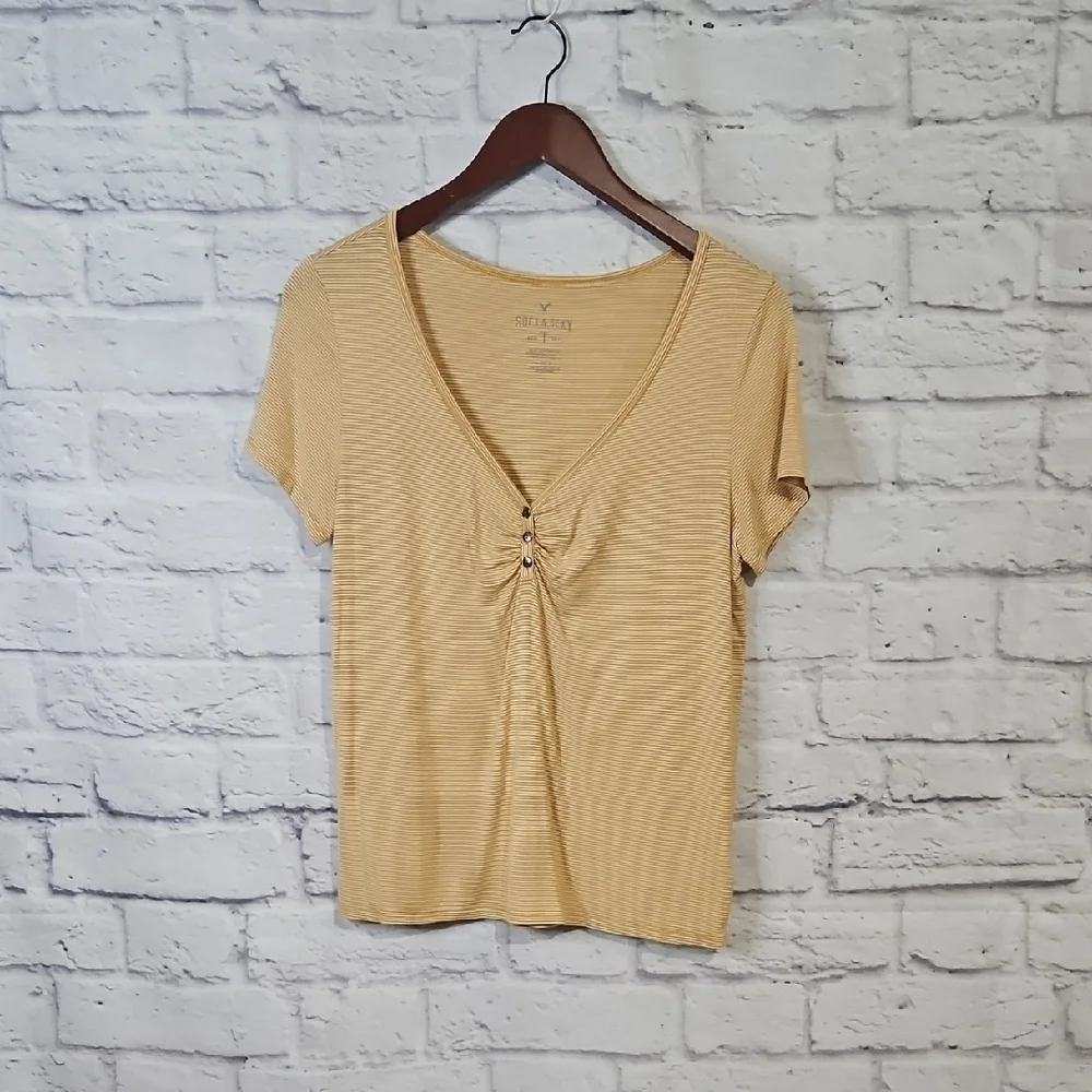 American Eagle Outfitters Yellow Striped Short Sleeve Top Soft And Sexy